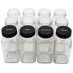 U-Pack 12 pieces of French Square Glass Spice Bottles 6 oz Spice Jars with Black Plastic Lids, Shaker Tops, and Labels by U-Pack