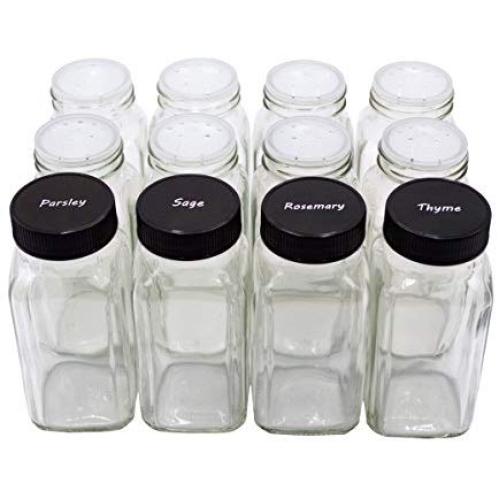 U-Pack 12 pieces of French Square Glass Spice Bottles 6 oz Spice Jars with Black Plastic Lids, Shaker Tops, and Labels by U-Pack