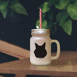 Maroon Maine Coon Cat Head Silhouette Frosted Glass Mason Jar With Straw