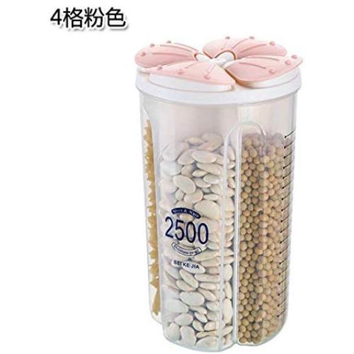 Household grain and miscellaneous grain storage tank, plastic storage tank, kitchen food sealed, beans and beans storage box, 4 squares Pink
