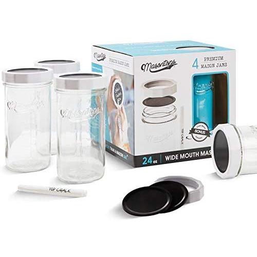 Masontops Multi-Use Wide Mouth Mason Jars - Large 24 Oz Jar Size -13 Piece Set - 4 Pack of Glass Jars & Blackboard Lids