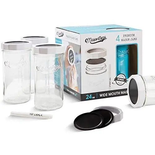 Masontops Multi-Use Wide Mouth Mason Jars - Large 24 Oz Jar Size -13 Piece Set - 4 Pack of Glass Jars & Blackboard Lids Masontops Multi-Use Wide Mouth Mason Jars - Large 24 Oz Jar Size -13 Piece Set - 4 Pack of Glass Jars & Blackboard Lids