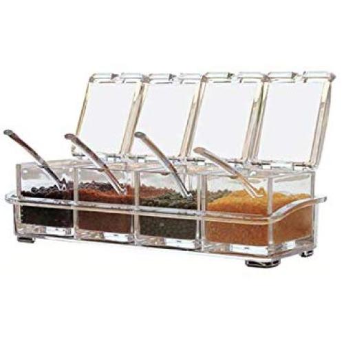 4 Pieces Kitchen Seasoning Racks Spice Pots Transparent Boxes Storage Containers Condiment Jars Set with Spoons