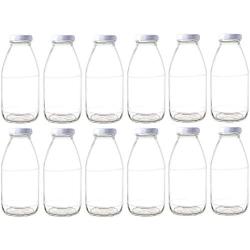 Nakpunar 12 pcs 10 oz Glass Bottle with White Lid for Milk, Fruit Juice, Water, Sauces