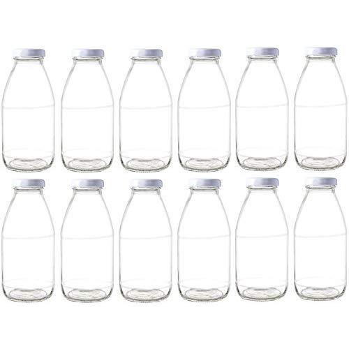 Nakpunar 12 pcs 10 oz Glass Bottle with White Lid for Milk, Fruit Juice, Water, Sauces