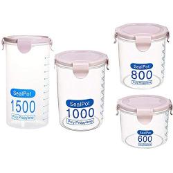 Cereal Storage Container Set - 4 Pc Set, Storage Jars Airtight Plastic Stackable,Airtight Food Storage Canister With Scale,4-Sided Sealing Buckle,Beautiful And Practical,Pink