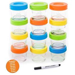 Glass Baby Food Storage Containers - Set contains 12 Small Reusable 4oz Jars with Airtight Lids - Safely Freeze your Homemade Baby Food