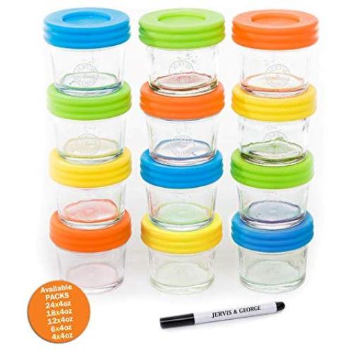 Glass Baby Food Storage Containers - Set contains 12 Small Reusable 4oz Jars with Airtight Lids - Safely Freeze your Homemade Baby Food