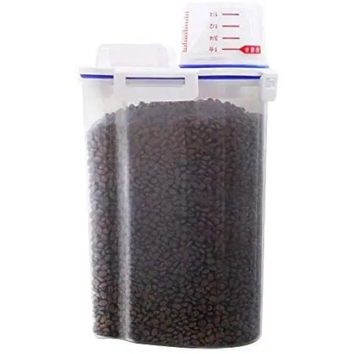 Conteneur de stockage pour aliments pour animaux de compagnie 2,5L en plastique transparent avec bouchon et entonnoir et tasse doseuse. Conteneur de stockage pour aliments pour animaux de compagnie 2,5L en plastique transparent avec bouchon et entonnoir et tasse doseuse.