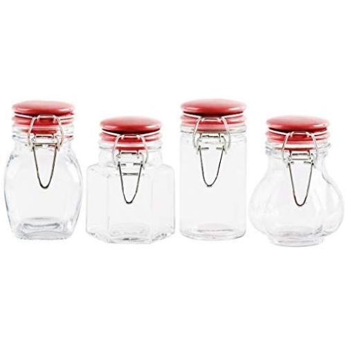 4 Pack- Glass Mason Jars - Unique Shapes -Round, Octagon, Square, Ball Shaped, Flip-Top Gasket With Hinge - For All Spices, Herbs, And Small Things -4 Sizes- 2.4oz, 3.1oz, 3.4oz, 3.7oz. (Red)