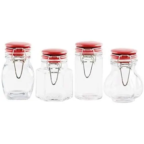 4er Set Glasen Mason Gläser – Verschiedene Formen – Rund, Achteckig, Quadratisch, Kugelförmig, mit Flip-Top-Dichtung und Scharnier – Für alle Gewürze, Kräuter und kleine Gegenstände – 4 Größen – 60ml, 79ml, 84ml, 90ml (Rot)