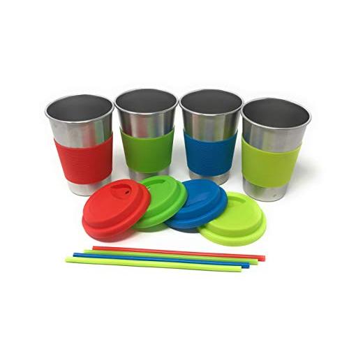 UpPeak 4 Pack 16 oz Stainless Steel Cups with Lids and Straws, ECO, BPA Free Drinking Tumblers (Assorted)