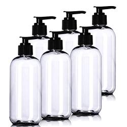 8oz Plastic Clear Bottles (6 Pack) BPA-Free Squeeze Containers with Pump Cap, Labels Included