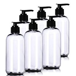 8oz Plastic Clear Bottles (6 Pack) BPA-Free Squeeze Containers with Pump Cap, Labels Included