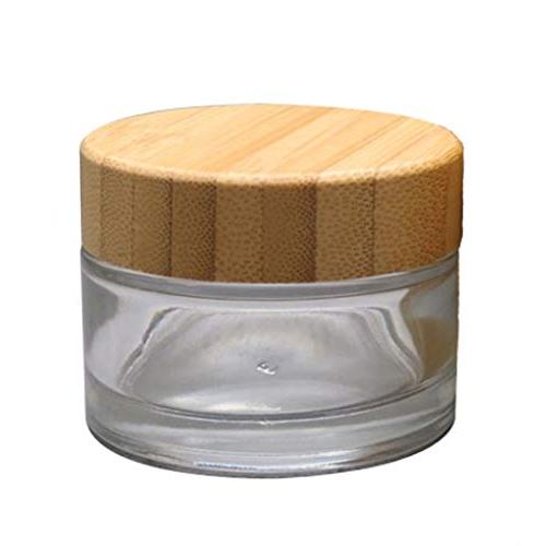 1Pcs 30ml/1oz Clear Glass Cosmetic Cream Jar Bottle Empty Refillable Round Glass Face Cream Pot Makeup Sample Packing Container With Bamboo Lids and Inner Liner For Travel DIY Sample Lotion Lip Balm