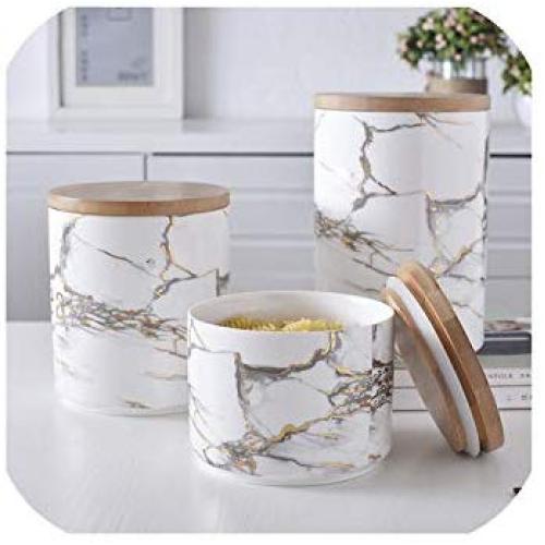 Chic Marble Pattern Storage Bottle Jar With Wood Cover Superior Minimalist Elegant Luxury Salt Sugar Storage Jar Home Organizer,S