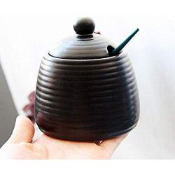 Japanese Vintage Matte Pure Black Ceramic Sugar Bowl Sugar Dispenser Salt Pot Pepper Storage Jar Seasoning Pot Container Condiment Box with Lid and Spoon, 11.2 Oz