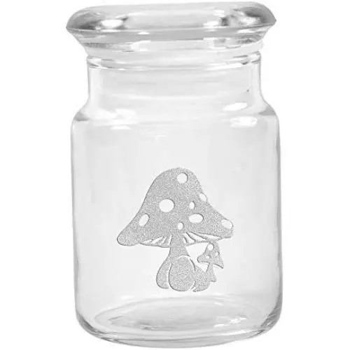 Clear Glass Herb Stash Jar with Lid 4.5 oz with Mushroom Logo from Smoke Promos Clear Glass Herb Stash Jar with Lid 4.5 oz with Mushroom Logo from Smoke Promos