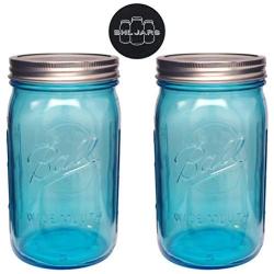 Ball Mason Jars 32 oz Wide Mouth Aqua Blue Colored Glass Bundle with Non Slip Jar Opener- Set of 2 Quart Size Mason Jars - Canning Glass Jars with Lids and Bands