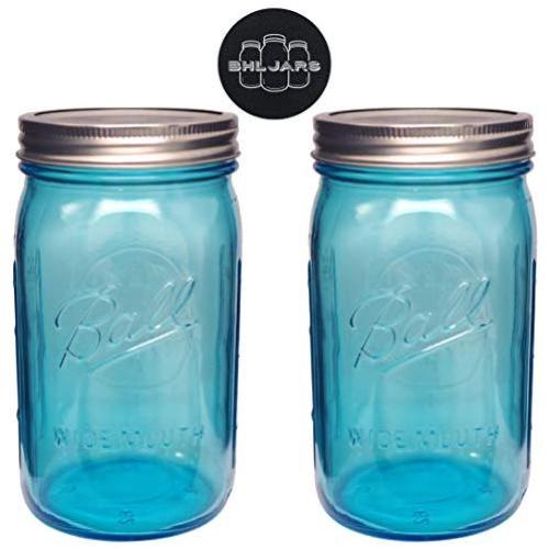 Ball Mason Jars 32 oz Wide Mouth Aqua Blue Colored Glass Bundle with Non Slip Jar Opener- Set of 2 Quart Size Mason Jars - Canning Glass Jars with Lids and Bands