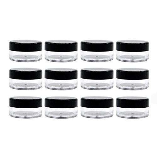 50PCS Transparent Plastic Travel Cosmetic Sample Vial Packing Bottles with Black Screw Cap-Empty Jars Small Round Holder Face Cream Lip Balm Lotion Storage Container Jar Pot DIY Beauty Tool (5G)