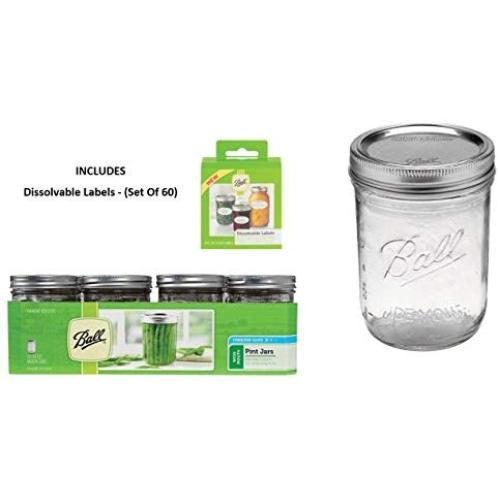 Ball Mason PINT Jars Wide-Mouth Can or Freeze with Lids and Bands, Set of 12, Dissolvable Labels - (Set Of 60)