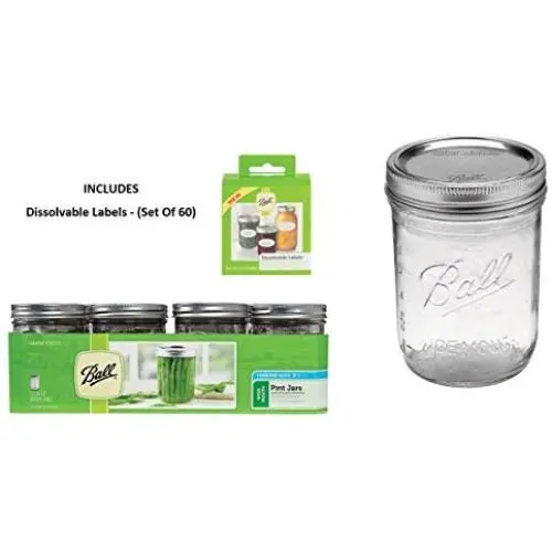 Ball Mason PINT Gläser, Weitmundig, mit Deckel und Bänder, Set von 12, Auflösbare Etiketten – (Set von 60)