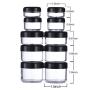 eBoot 10 Pieces Empty Clear Plastic Sample Containers 3/5/ 10/15/ 20 Gram Size Round Cosmetic Pot Jars with Screw Cap Lids and 2 Pieces Mini Spatula (Black)