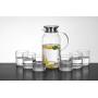 Cupwind 55 Ounce Glass Pitcher with Stainless Steel Lid, Hot/Cold Water Carafe with Handle, Juice and Ice Tea Pitcher x Set of 6 Glass Beer Drinks Cups 8.5 Ounce x Serving Tray
