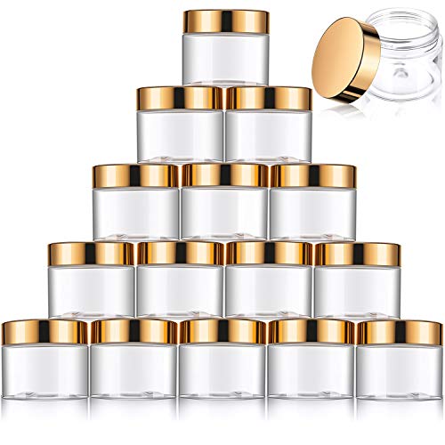 16 Pieces 60 ml/ 2 oz Round Clear Leak Proof Plastic Container Jars with Gold Lids Plastic Slime Jars Empty Slime Storage Containers Refillable Storage Favor Jars for Travel Cosmetic Lotion Creams