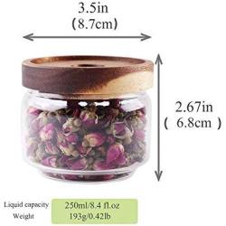 Glass Coffee Containers, 8.5 FL OZ/250 ml Kitchen Serving Food Storage Canister with Sealed Wooden Lid, BPA-Free Clear Glass Jar for Tea Leaves, Powder, Spice,Weed(3.06 inch)