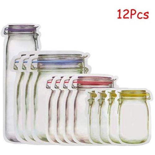 Mason Jar Zipper Bags Reusable Snack Saver Bag Leakproof Food Sandwich Storage Bags for Travel Kids (12 pieces)