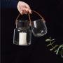 Einzigartige nordische Glasbehälter mit Ledergriff, minimalistischer Schreibtisch-Aufbewahrungsflasche, Blumenvasenbehälter, Dekor, Glas, luftdichte Lebensmittelbehälter