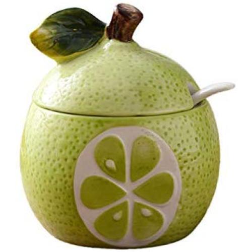 Fruit Shaped Ceramic Sugar Bowl Salt Pot Pepper Storage Jar Seasoning Pot Container Condiment Spice Box Holder with Lid and Spoon (Cantaloupe)