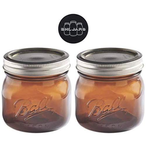 Ball Mason Jars 16 oz Wide Mouth Amber Colored Glass Bundle with Non Slip Jar Opener- Set of 2 Pint Size Mason Jars - Canning Glass Jars with Lids