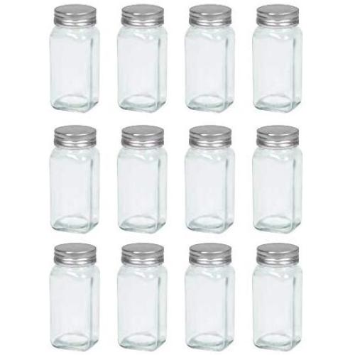 Tundalaya: Set of 12 Glass Spice Jars, French Square, 4 ounces | Includes Shaker Tops and Lids (Perfect for DIY, Organization Projects, Homemade Spices, Pantry Projects and Gifting), Clear