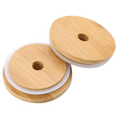 YiZYiF 4Pcs Wooden Jar Lids Reusable Bamboo Caps Lids with Straw Hole and Silicone Ring for Mason Jars Canning Drinking Jars Wood Color 86mm