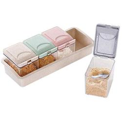 Seasoning Storage Box Wheat Straw with Spoon 4 compartment Spice Box Storage Container Condiment Jars for Spice Sugar Salt,as picture