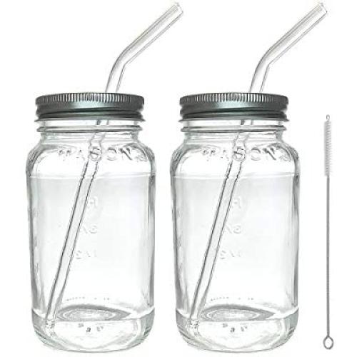 Bouteilles en verre Jarming Collections 24oz pour Smoothie (2) avec couvercle et paille en verre, éco-friendly Bouteilles en verre Jarming Collections 24oz pour Smoothie (2) avec couvercle et paille en verre, éco-friendly