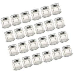 vivaBKK Hexagonal Mini Glass Jar with Silver Lids and Labels 1.5 Ounce Pack of 24-Pack