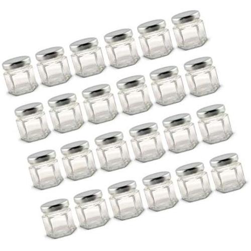 vivaBKK Hexagonal Mini Glass Jar with Silver Lids and Labels 1.5 Ounce Pack of 24-Pack