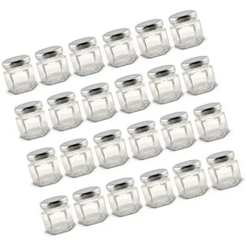 vivaBKK Hexagonale Mini Glasbehälter mit Silberdeckeln und Etiketten 1,5 oz Pack von 24 Stück