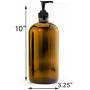 32-Ounce Amber Glass Lotion Pump Bottles (2-Pack); Quart Size Brown Bottles w/Black Plastic Soap, Hand Care & Lotion Locking Pump Dispensers; Includes Chalk Labels