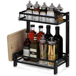 Black Spice Rack Organizer over the Pantry, 2 Tier Metal Kitchen Countertop Standing Jars Storage Racks with Hooks and Chopping Board Holder