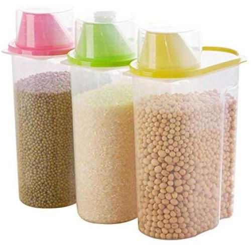 HOMELUNY Pack of 3 Airtight Moisture Proof Rice Storage Jars Kitchen Cereal Storage Jars (with Measuring Cup) for Candy, Cookie, Rice, Sugar,Flour,Snacks Keeping Food Dry & Fresh