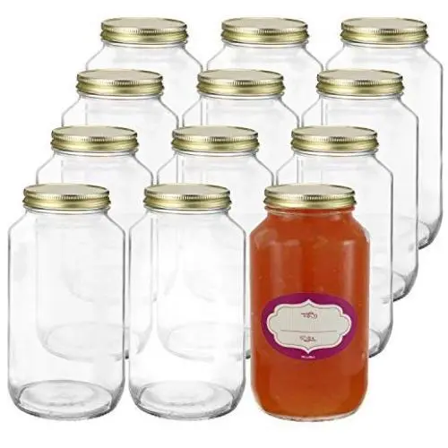 Case of 12-24 Ounce Glass Mason Jars - 12 Pack Clear Jars with Gold Lids and Labels - Perfect for Home Canning, Pickling, Gifts, Presentation, Baby Showers, Baby Food Storage ? Food Grade