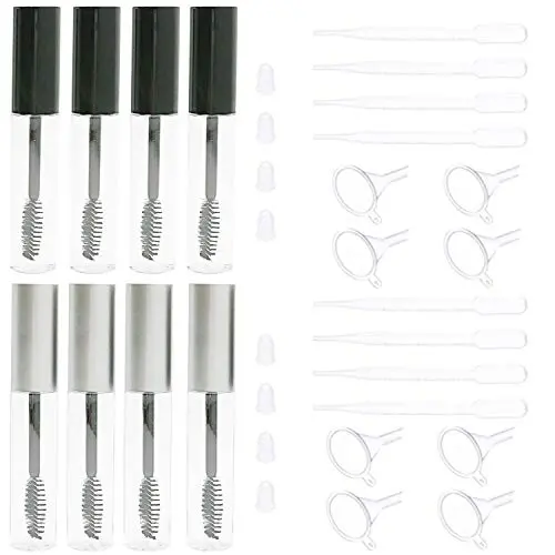 Leere Mascara-Tubes mit 8 Stück (10 ml) + Eyelash-Bürste, Gummistopfen, Trichter und Transferpipetten Set – DIY Mascara Behälter mit Verschluss