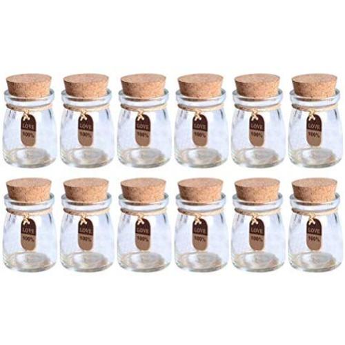 BESTONZON Glas Favorgläser mit Korkstopfen, Mason Jar mit personalisierten Etiketten und String – Ideal für Süßigkeiten, Kerzen, Hochzeit, 12 Stück, 100 ml