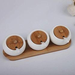 Kitchen seasoning box/Ceramic Condiment Storage Container with Bamboo Tray Golf Salt jar Three-Piece Set