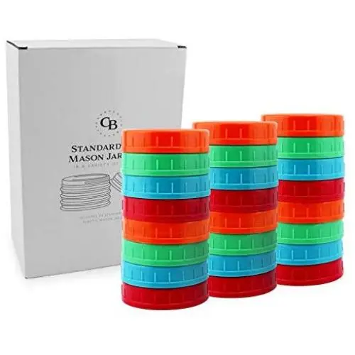 Buntchfarbene Kunststoff-Mason-Gläsernopfchen (Regular Mouth, 24er Pack, Auslaufmodell); Mehrfarbige Wirtschaftspackung von Standard-Mason-Gläsernopfchen Größe 70-450, BPA-frei